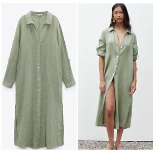 Zara 100% Linen Shirt Dress Long Sleeve Khaki Green Button Front